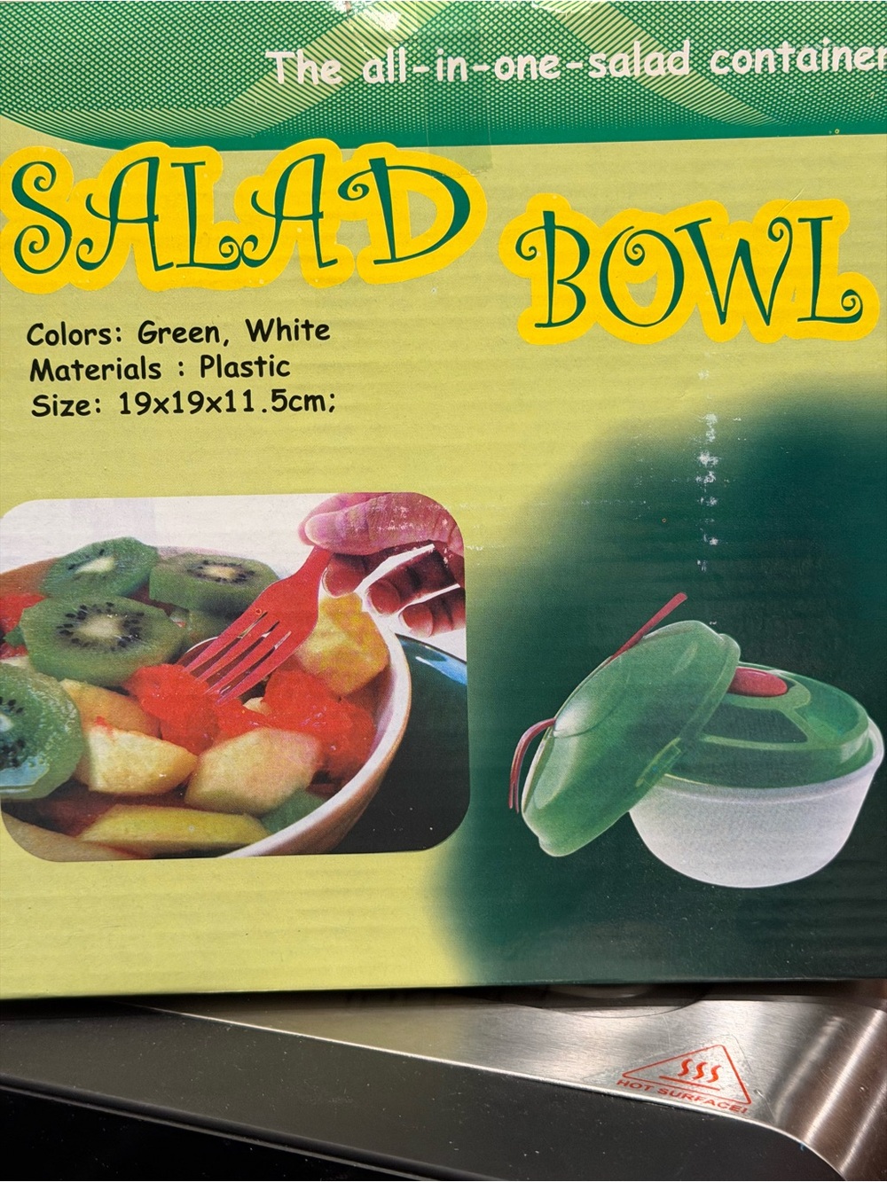 Green & White Plastic Salad Bowl with Lid and Fork